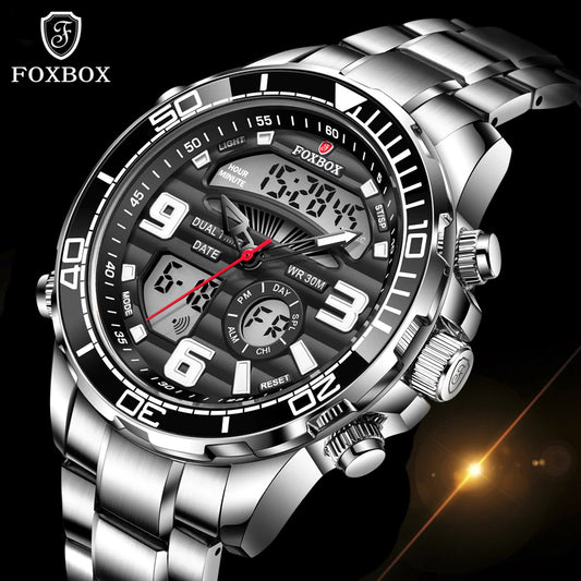 Mens Watches 2022 New  Dual Display Stainless Steel Sport Wrist Watch for Men Waterproof Date Clock Relogio Masculino+Box