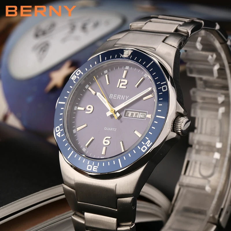 Berny Men'S Watches Quartz 40Mm Retro Business Day-Date Waterproof Stainless Steel Bracelets Male Gift Classical Watch for Men
