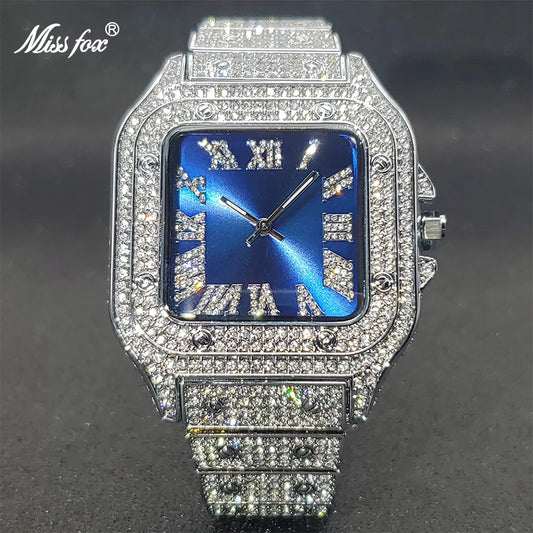 Square Watch Ice Out Diamond Hip Hop Sunburst Dial Waterproof Quartz Watches Droshipping New Reloj Hombre Marca De Lujo