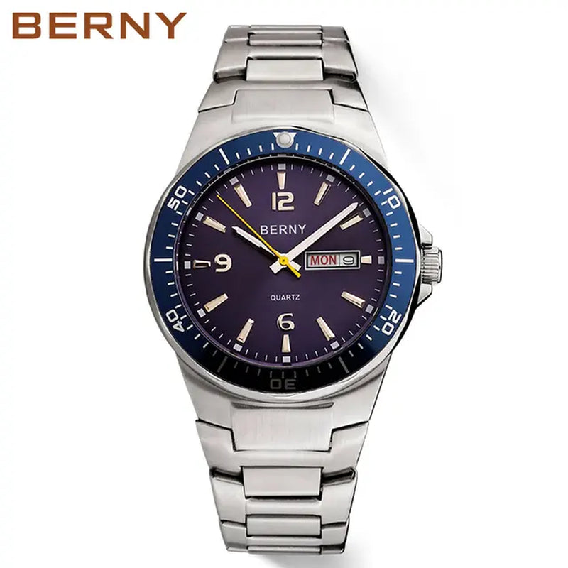 Berny Men'S Watches Quartz 40Mm Retro Business Day-Date Waterproof Stainless Steel Bracelets Male Gift Classical Watch for Men