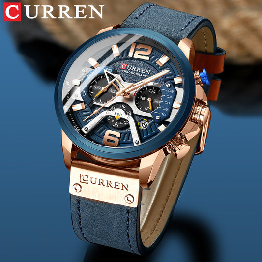 2021  Men Watches Top Brand Luxury Blue Leather Chronograph Sport Watch for Men Fashion Date Waterproof Clock Reloj Hombre
